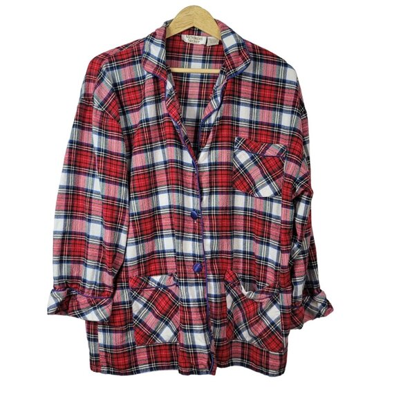 Victoria's Secret Flannel Pajama Set Red Plaid Large Cotton Button Long Pant VTG - Picture 2 of 13